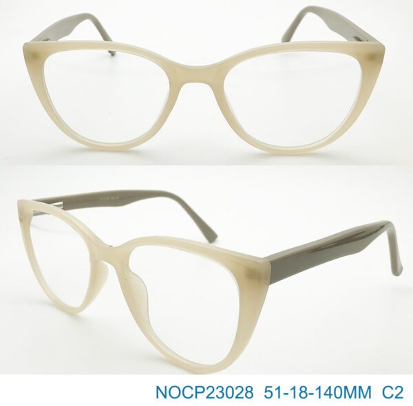 cat eye glasses frame, beige color frame, green temple, CP, women, made in China