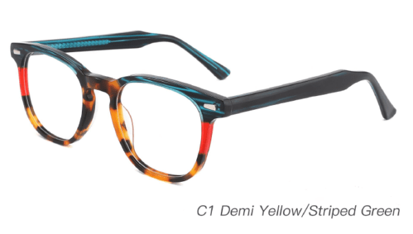 2023 Colorful Summer Glasses Frames NOA23015 C1 Demi Yellow Striped Green, China Ouyuan optical manufacturing, glasses frames supplier and wholesaler, round glasses, care vision, eye glass accessory, OEM, ODM production model, CE, FDA international certification