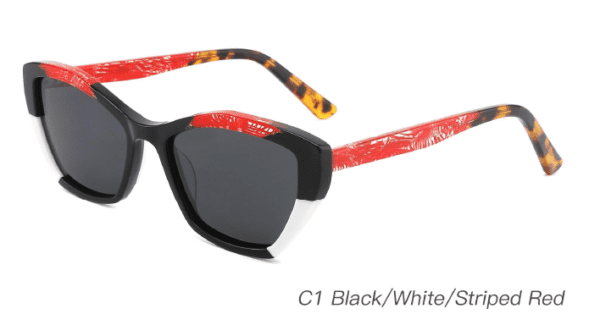 2023 Colorful Summer Sunglasses AS00004 C1 Black White Striped Red, China Zhejinag Wenzhou Ouyuan eyewear manufacturing, sunglasses wholesaler and supplier, made in china from ouyuan eyewear, cat eye sunglasses wholesale, bulk wholesale sunglasses china