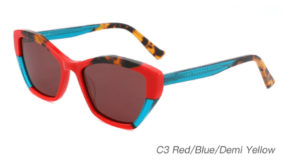 2023 Colorful Summer Sunglasses AS00004 C3 Red Blue Demi Yellow, China Zhejinag Wenzhou Ouyuan eyewear manufacturing, sunglasses wholesaler and supplier, made in china from ouyuan eyewear, cat eye sunglasses wholesale, bulk wholesale sunglasses china