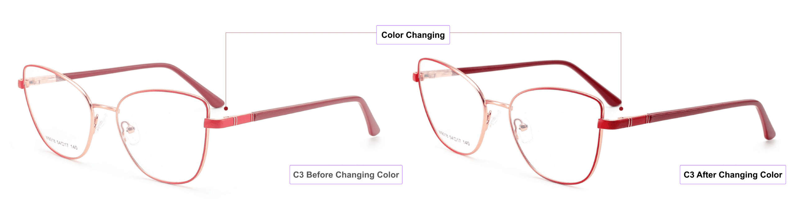 Color Changing, Cat Eye, Eyeglass Frames, orange, pink gold, bright red, burgundy