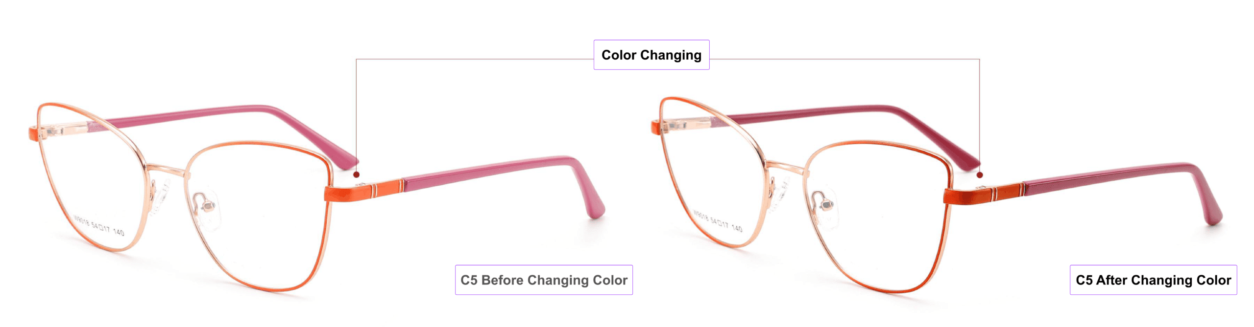 Color Changing, Cat Eye Eyeglass, Frames, orange, pink gold, bright red, burgundy