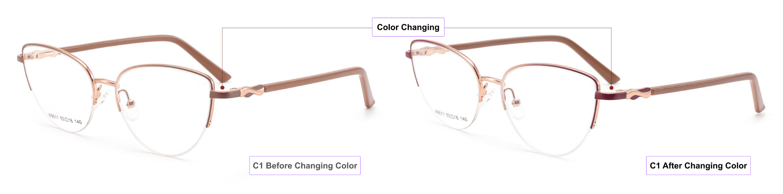 color changing glasses frames, China glasses wholesaler, eyeglass accessories, brown,magenta purple,pink gold, cat eye glasses