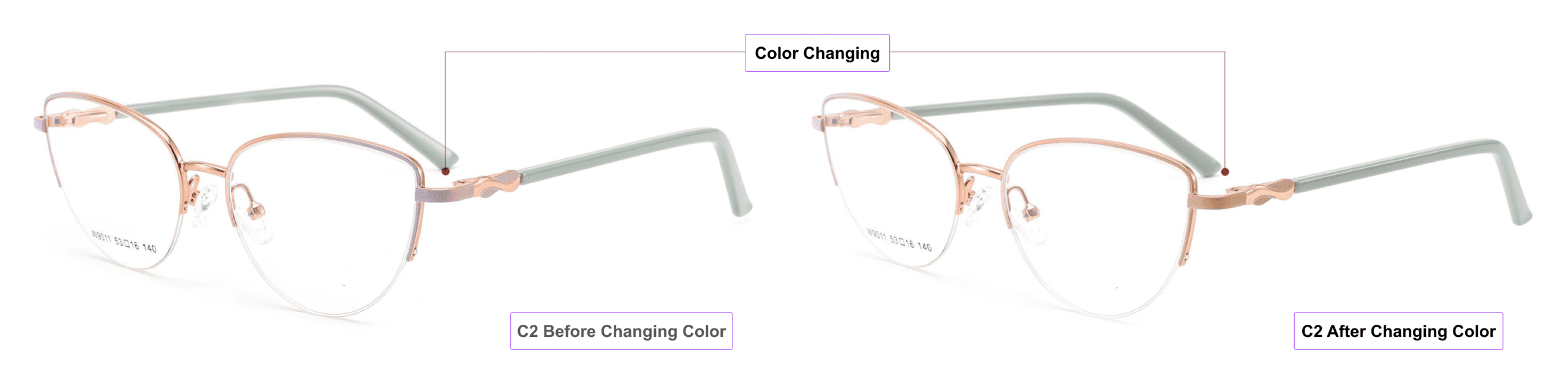 color changing glasses frames, China glasses supplier, process of color changing, eye glass accessories, UV-activated, rose gold, mist blue