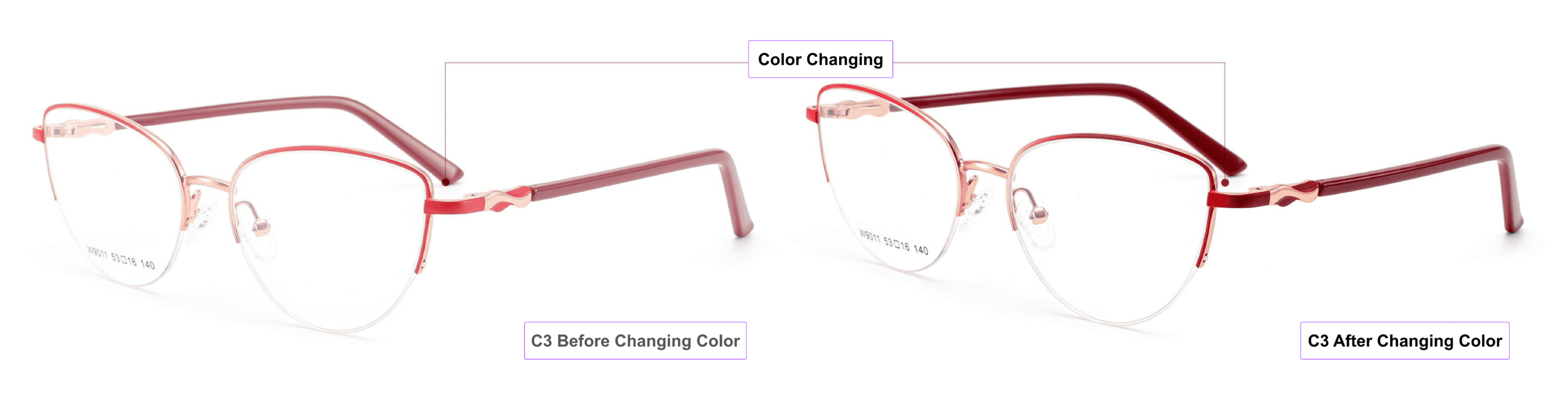 color changing glasses frames, China glasses wholesaler, glasses accessories, process of color changing, pink gold, crimson, dark red