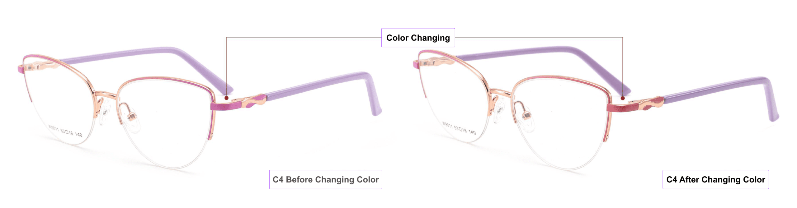color changing glasses frames, petal pink,mist violet, Indian red, China glasses manufacturer, process of color changing, eyeglass accessories