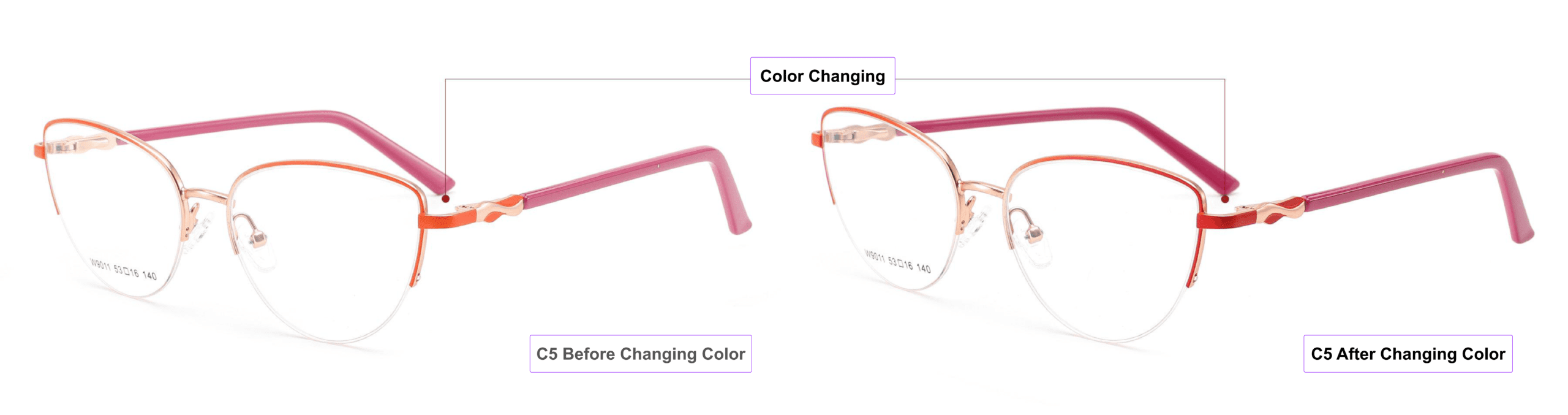 color changing glasses frames, orange, pink gold, bright red, burgundy, process of changing color, China glasses supplier, eyeglass accessories