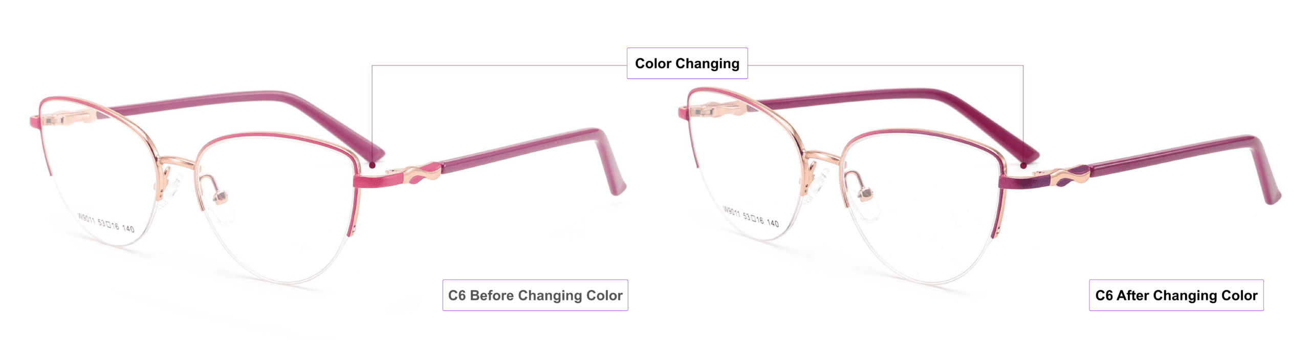 color changing glasses frames, pink gold, violet, shock pink, process of changing color, cat eye, glasses accessories