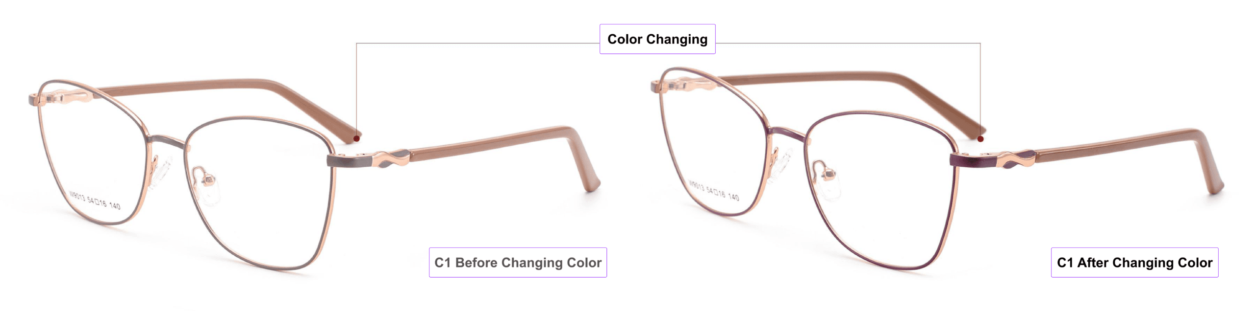 Color Changing Glasses Frames, process of color changing, brown,magenta purple,pink gold