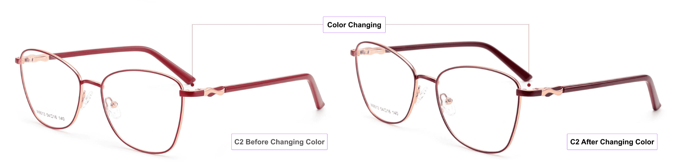 Color Changing Glasses Frames, pink gold, crimson, dark red, process of color changing, light-sensitive