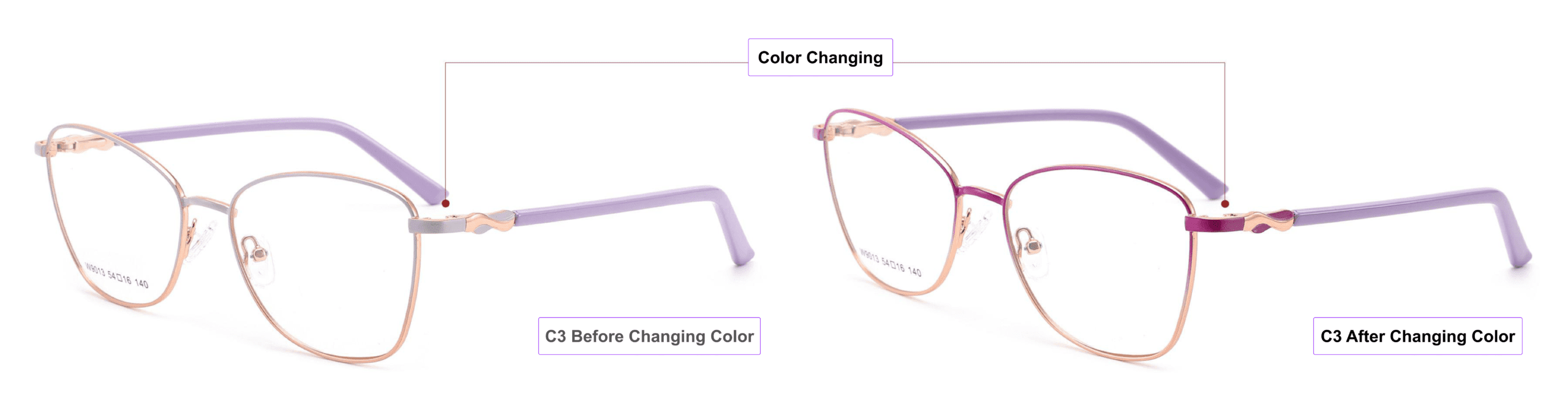 Color Changing Glasses Frames, mist violet, pale lilac, Indian red, light-sensitive