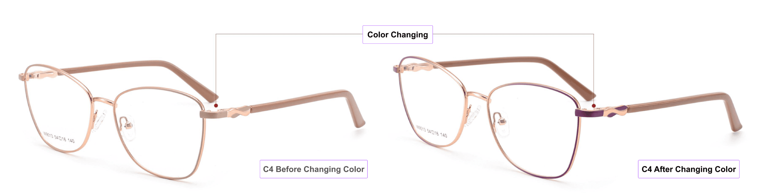 Color Changing Glasses Frames, process of color changing, brown, khaki, magenta purple, gold, eyeglass accessories, light-sensitive