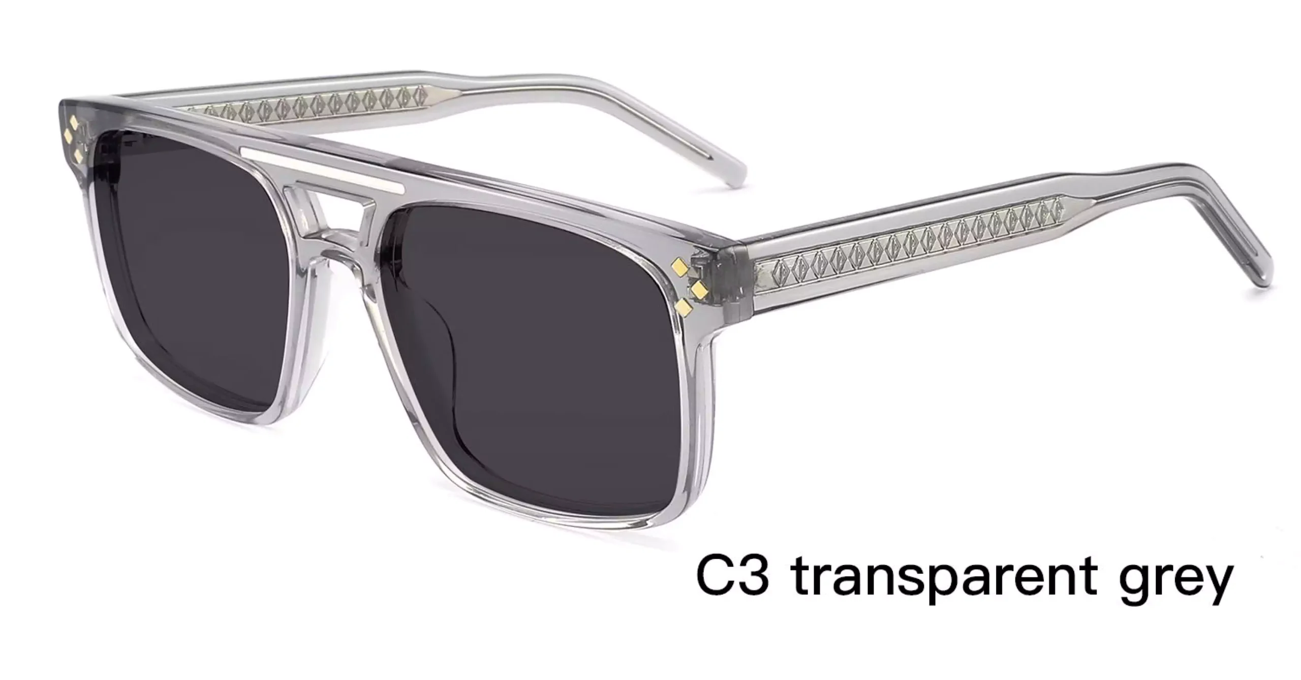 Fashion Sunglasses Wholesale Suppliers,Transparent Grey, rivets, metal inlay, wide temples, laser engraved wire cores, acetate, UV protection