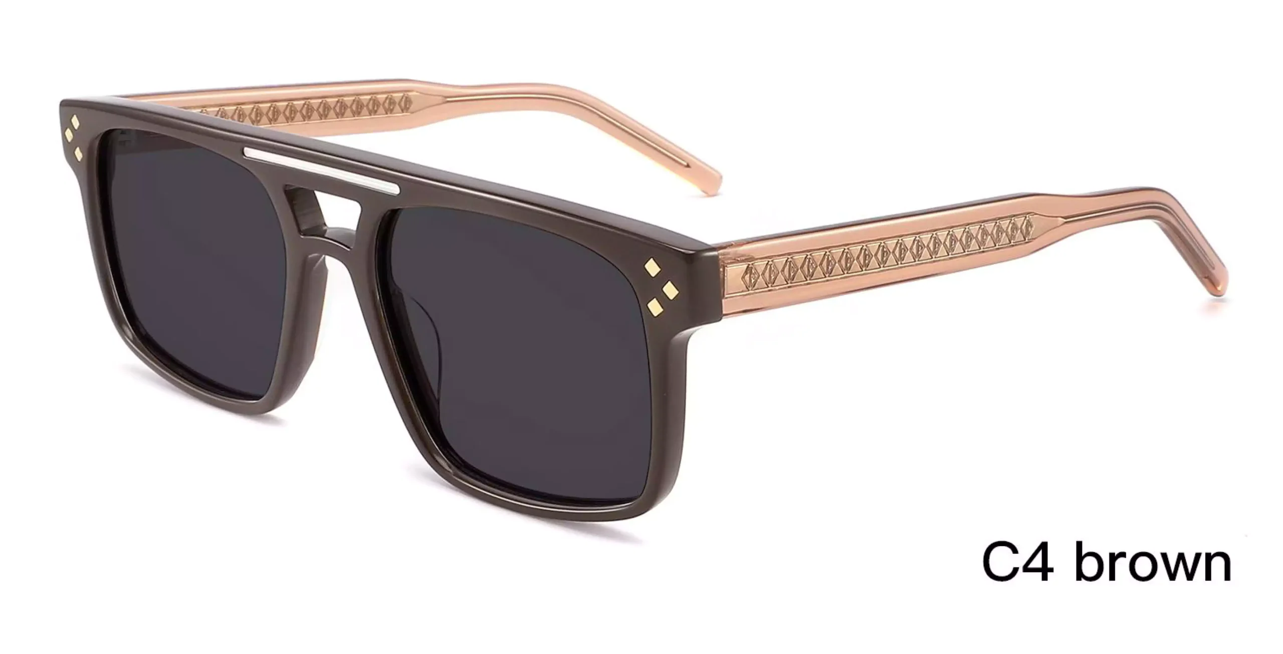 Fashion Sunglasses Wholesale Suppliers, Brown, transparent pink temples, rivets, metal inlay, laser engraved wire cores,acetate, wide temples