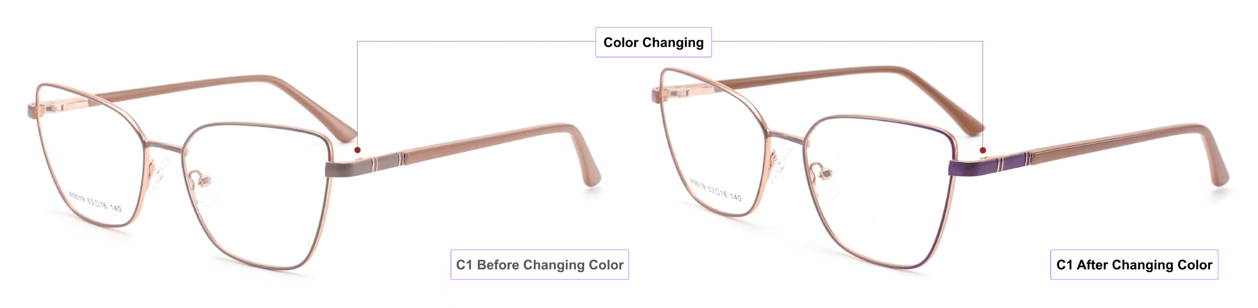 Geometric, Color Changing, Cat Eye Eyeglass Frames, brown, gold, purple, khaki, process of color changing