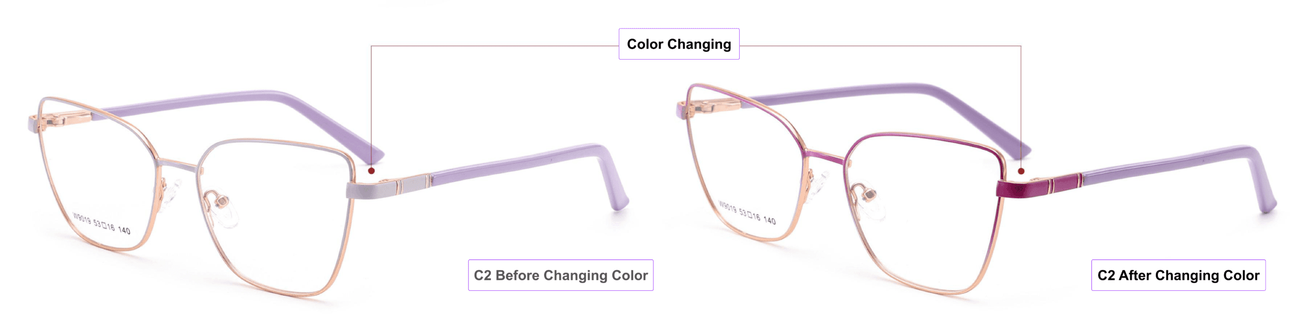 Geometric, Color Changing, Cat Eye Eyeglass Frames, mist blue, rose gold, lavender, purple, process of color changing