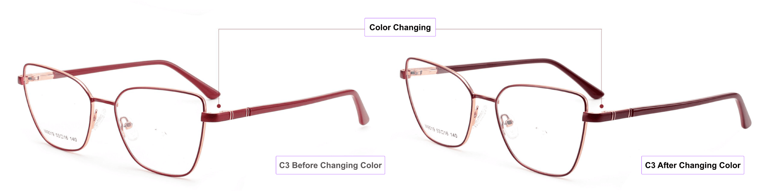 Geometric, Color Changing, Cat Eye Eyeglass Frames, indian red, gold, dark red, process of color changing