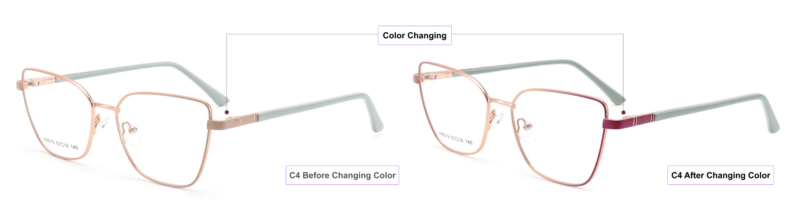 Geometric, Color Changing, Cat Eye Eyeglass Frames, rose gold, lavender, khaki, mist blue, process of color changing