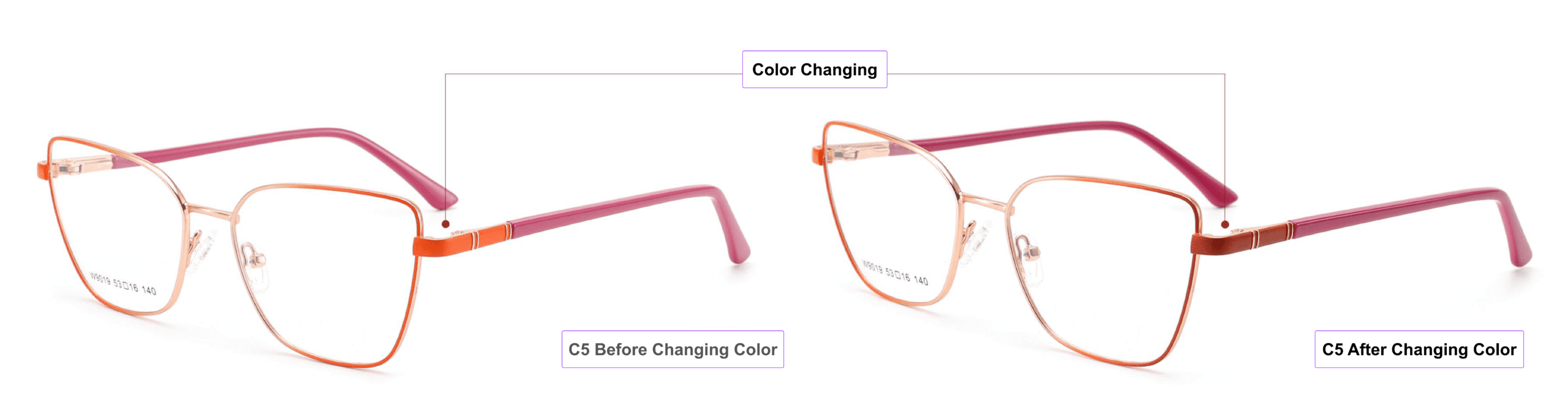 Geometric, Color Changing, Cat Eye Eyeglass Frames, orange, pink gold, bright red, burgundy