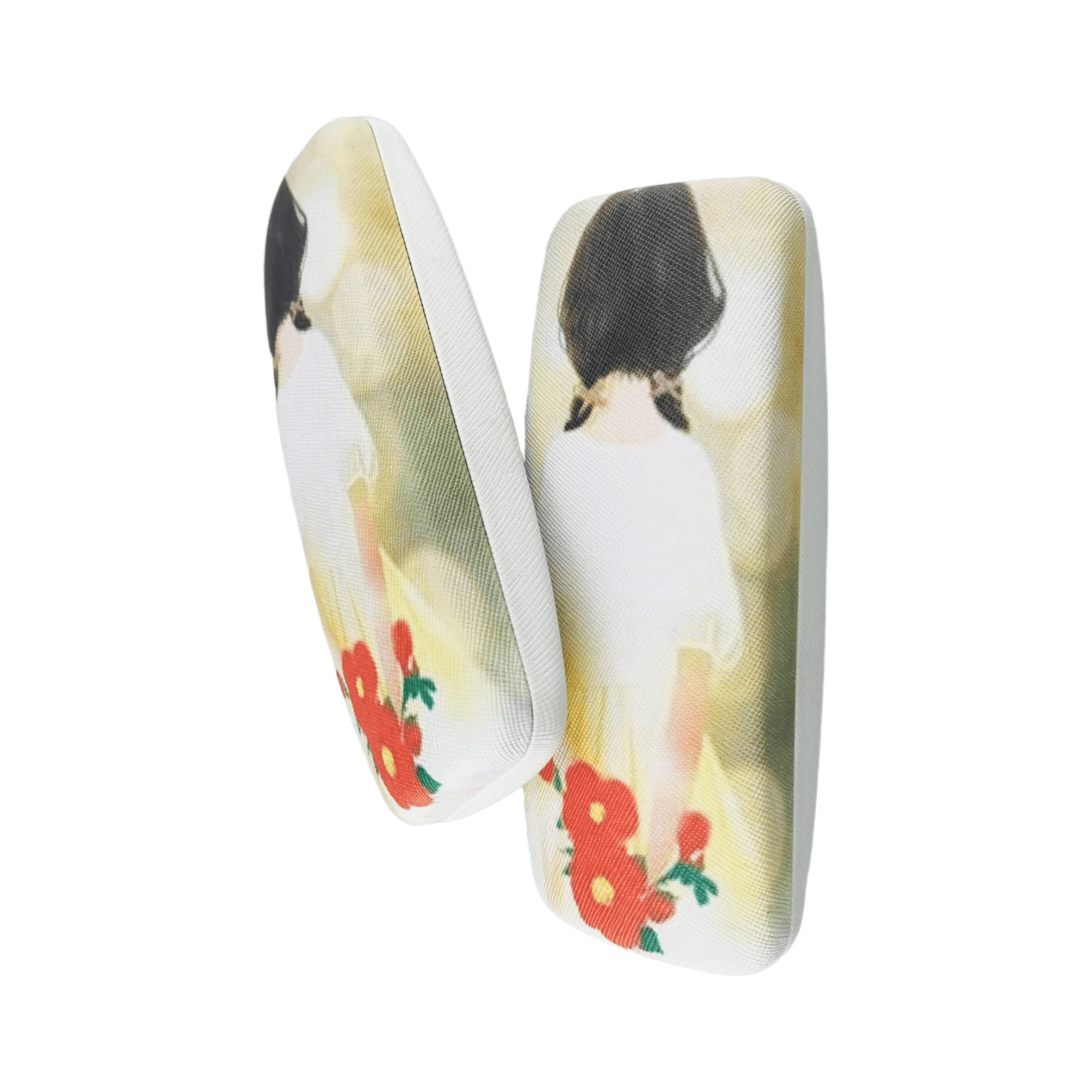 Girl Illustration Hard shell Glasses Cases Wholesale, a girl's back, glasses accessories, care vision, Japanese style, China glasses case distributor, The girl with 2 pigtails and holding a bouquet of flowers, PU, Stainless Steel