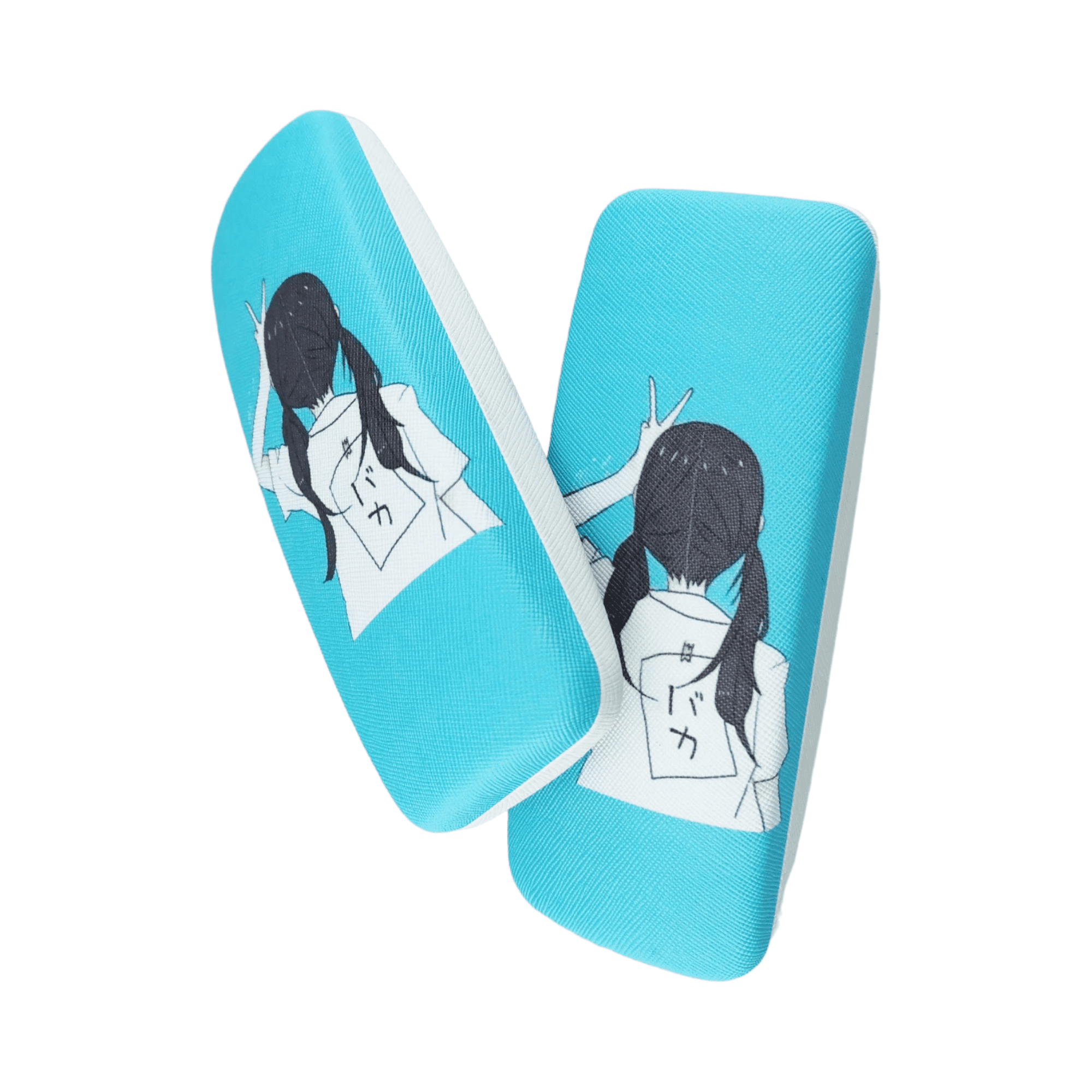 Girl Illustration Hard shell Glasses Cases Wholesale,Girl Illustration Hard shell Glasses Cases Wholesale, a girl's back, blue background, glasses accessories, care vision, Japanese style, China glasses case distributor, 2 eyeglass cases stacked