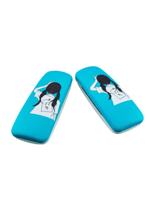 Girl Illustration Hard shell Glasses Cases Wholesale, a girl's back, blue background, glasses accessories, care vision, Japanese style, China glasses case distributor