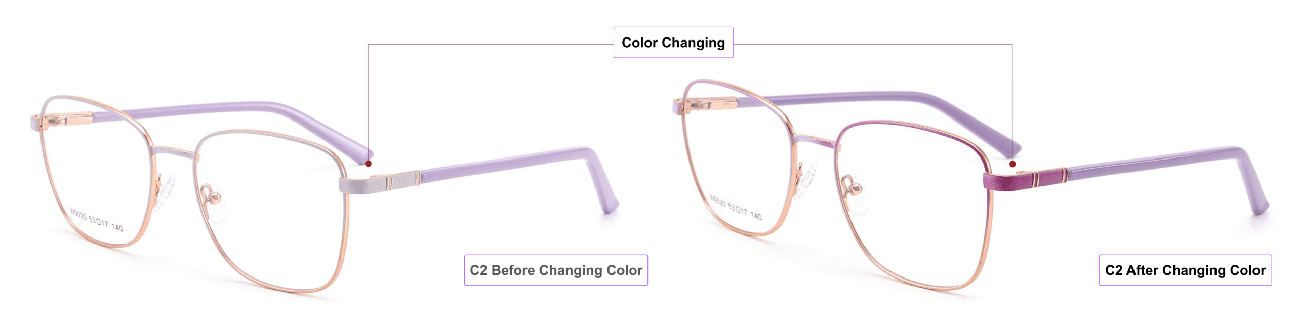 Multi-Colored, Color-Changing, Eyeglass Frames, mist violet, lavender, gold, process of color changing