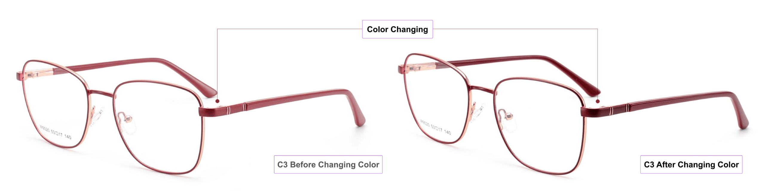 Multi-Colored, Color-Changing, Eyeglass Frames, Indian red, dark red, rose gold, process of color changing