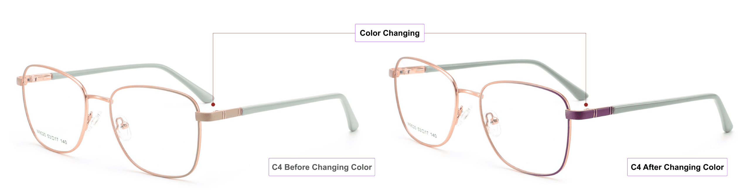 Multi-Colored, Color-Changing, Eyeglass Frames, gold pink, purple, mist blue, khaki, process of color changing