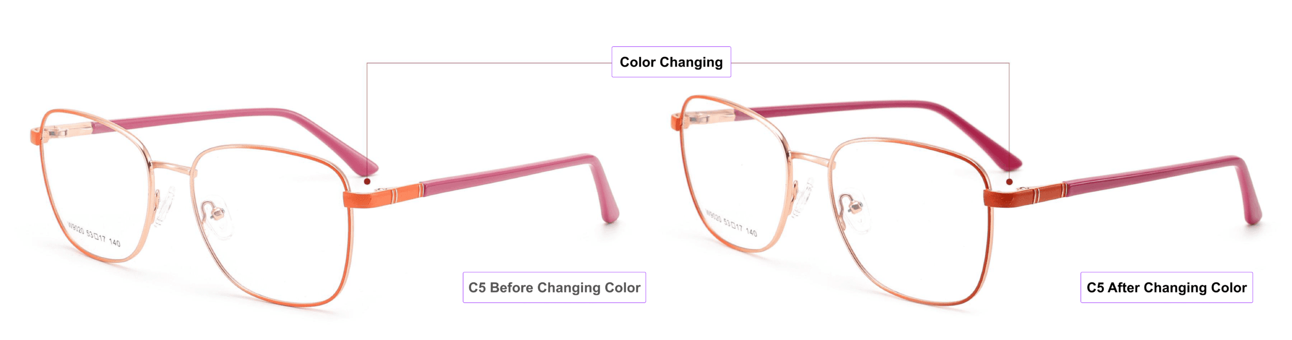 Multi-Colored, Color-Changing, Eyeglass Frames, orange, pink gold, bright red, burgundy, process of color changing