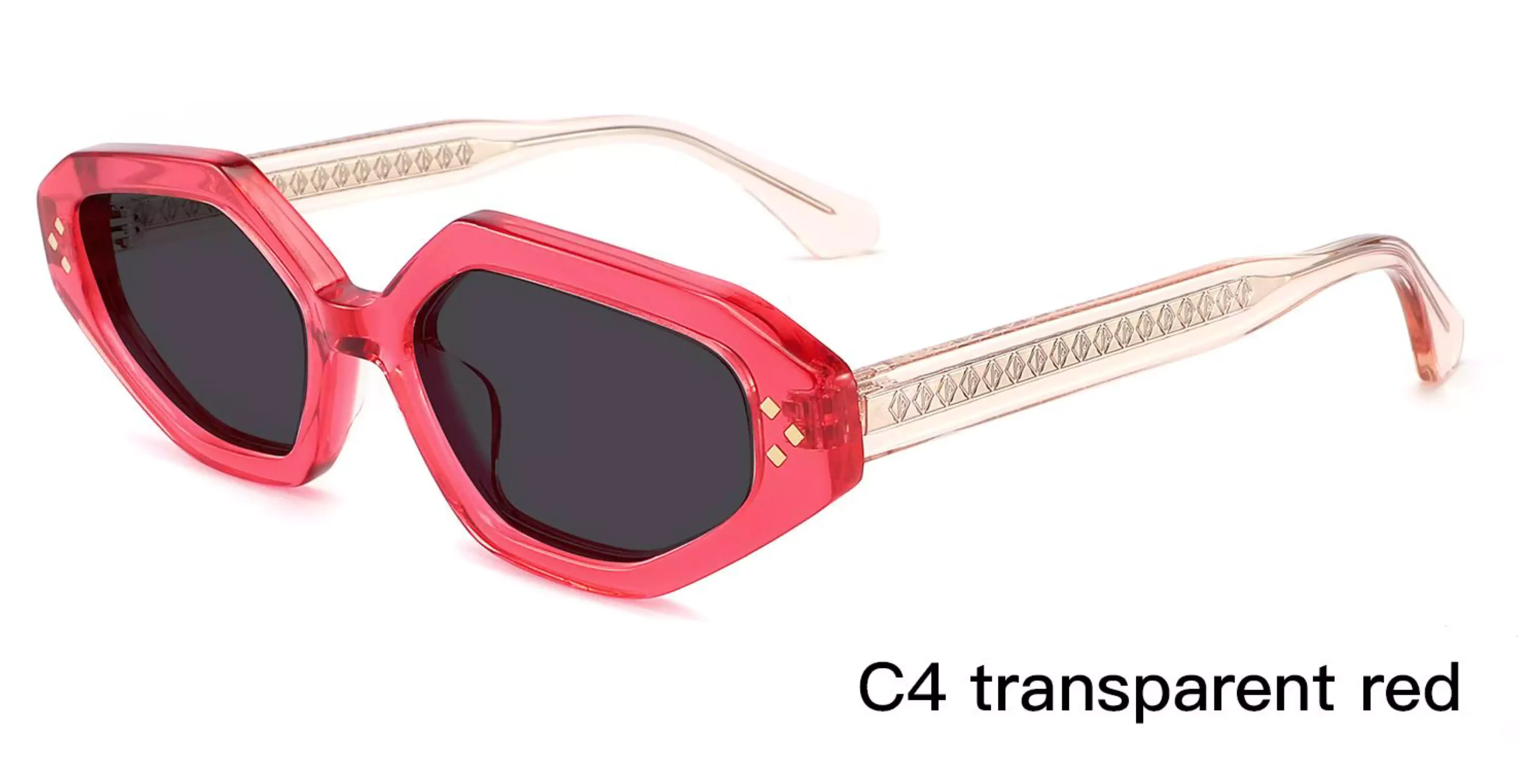 Polarized Sunglasses Wholesale, Geometric, Transparent Red, clear pink temples, rivets, laser engraved wire cores, acetate, women's sunglasses