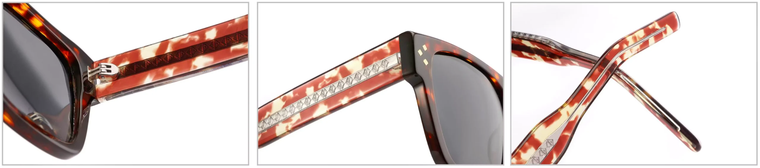 Sunglasses YD1201T Detail Shooting, include temple, temple tip, hinge, endpieces, wire cores, rivets