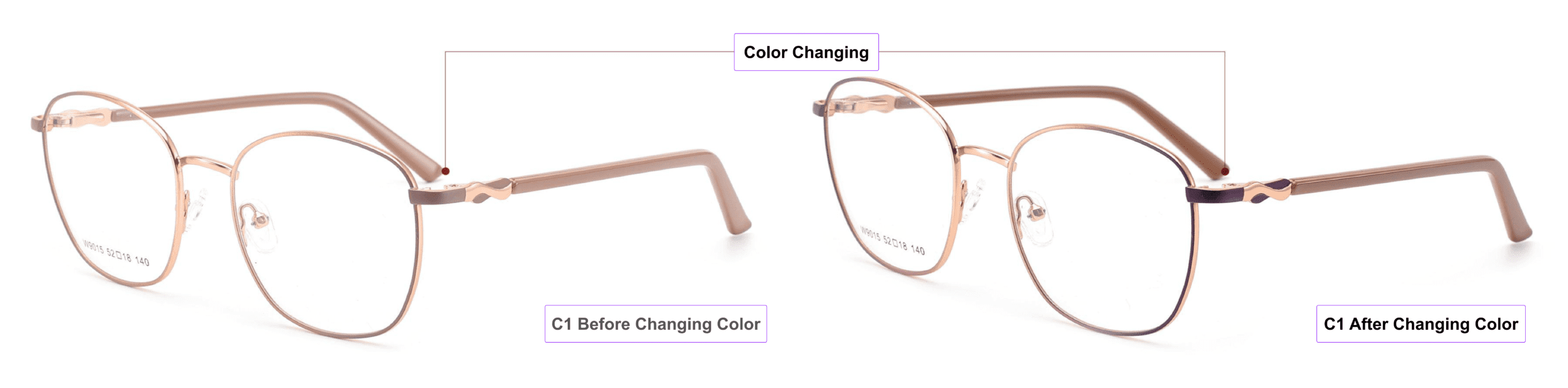 Sunlight Activated, Color Changing Glasses Frames, China Zhejiang Wenzhou eyeglass supplier, full frames, metal, brown,magenta purple,pink gold