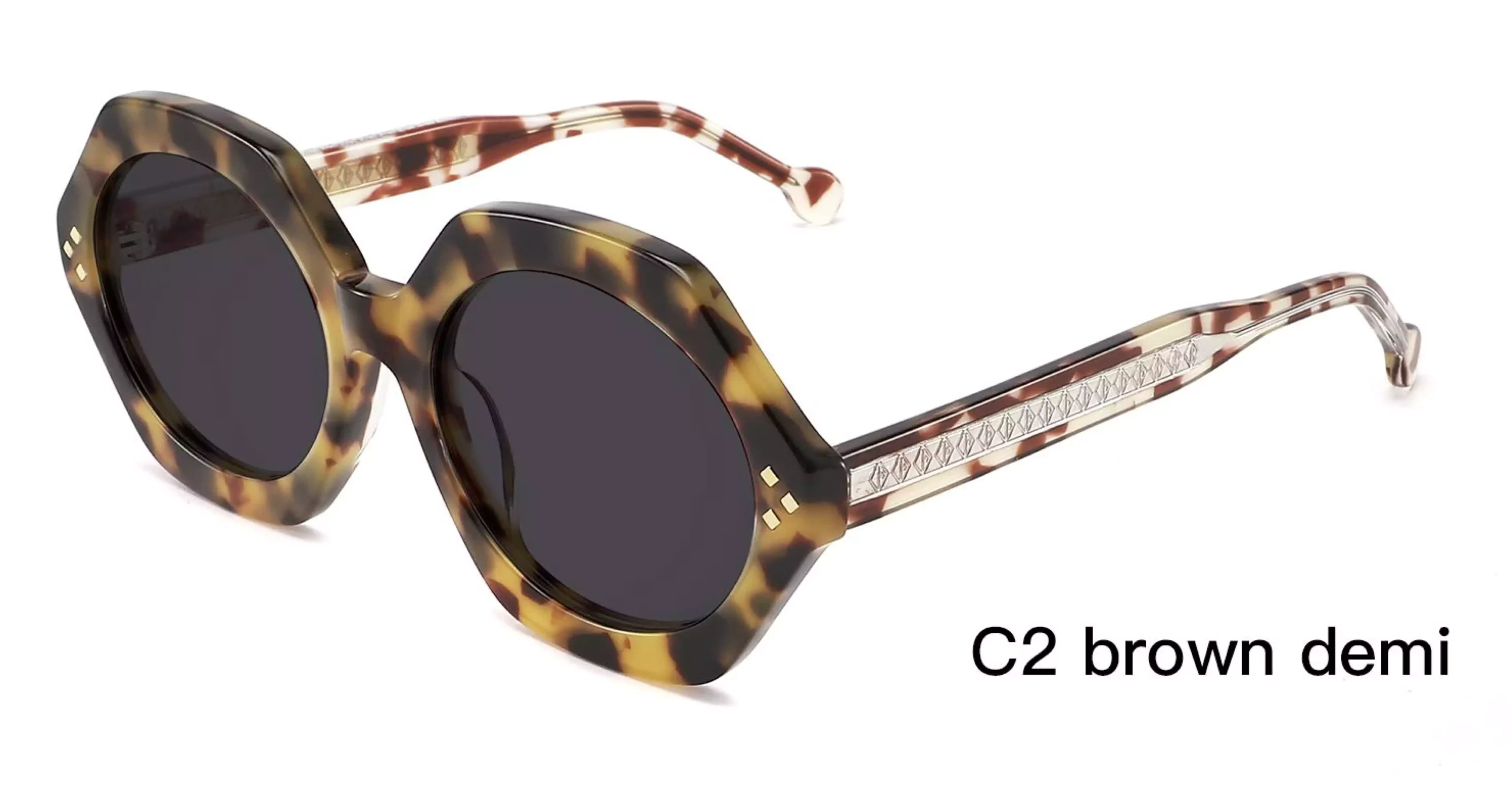 Trendy Sunglasses Wholesale, Geometric, Brown, Demi, tortoise, rivets, laser engraved wire cores, acetate sunglasses
