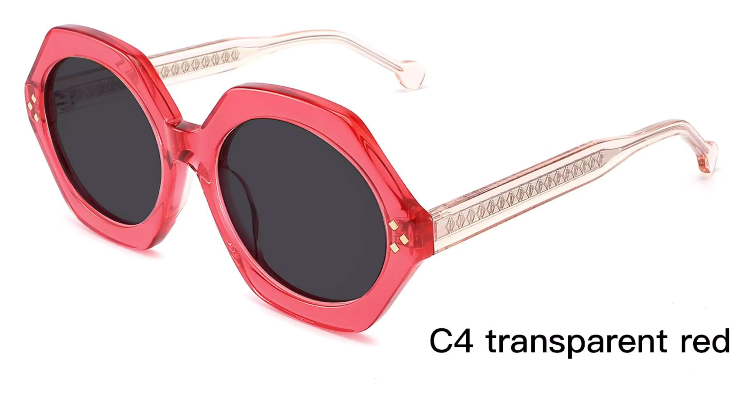 Trendy Sunglasses Wholesale Geometric,frames front Transparent Red, pink temples, rivets, laser engraved wire cores, acetate sunglasses, UV blocking, fashion sunglasses