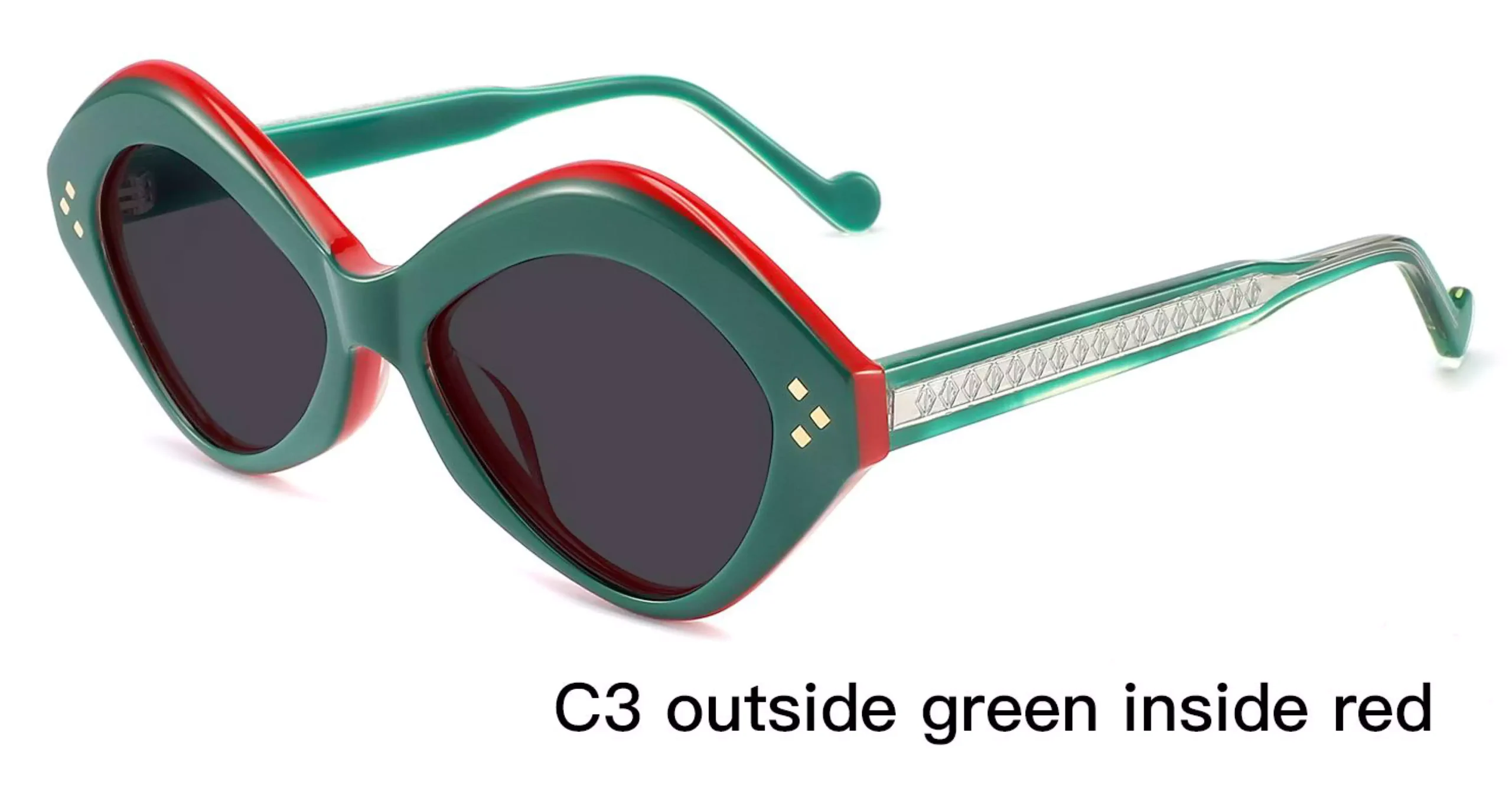 UV Protection Sunglasses Wholesale, Retro, Outside Green, Inside Red, rivets, laser engraved wire cores, acetate sunglasses