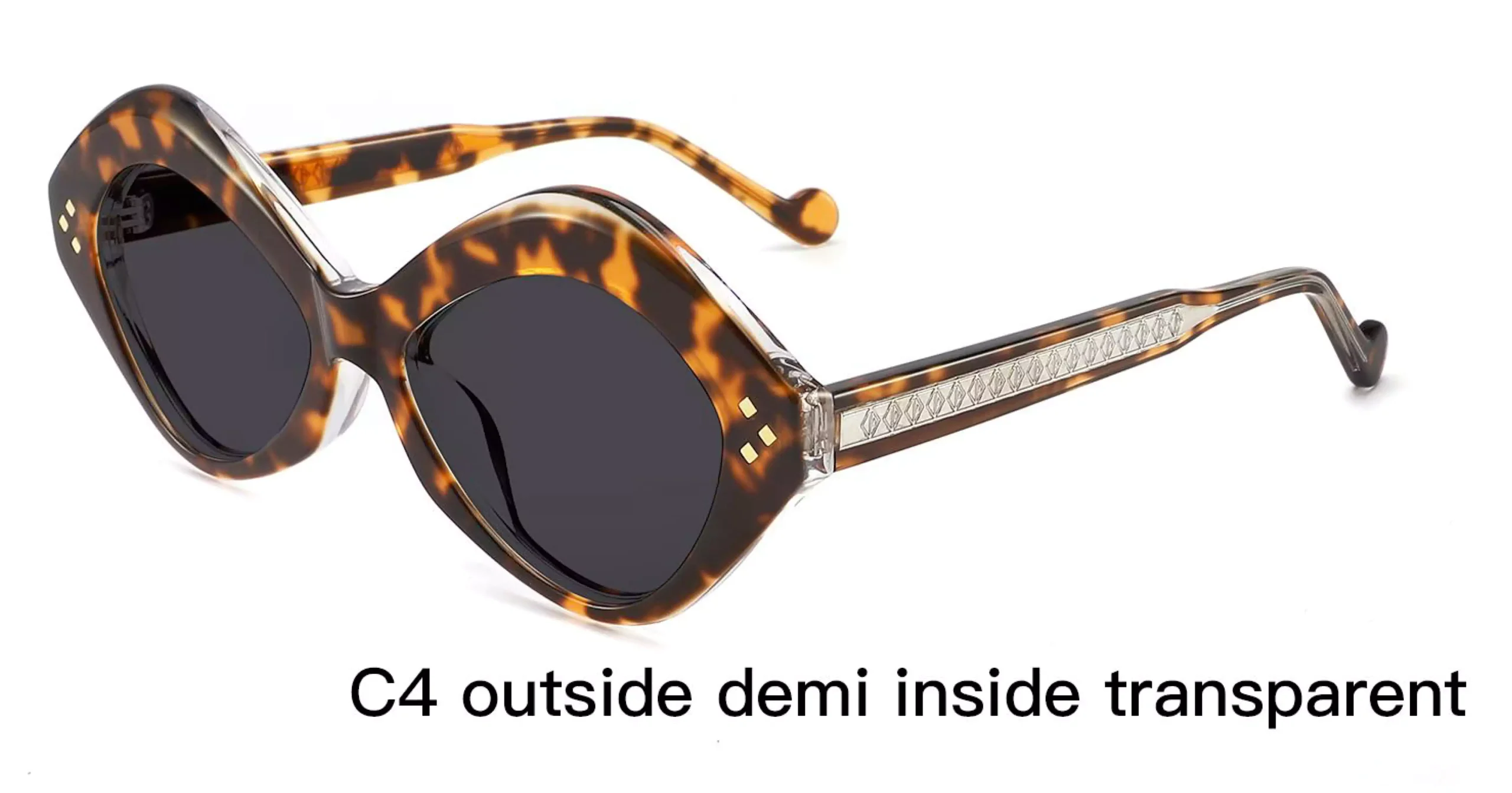 UV Protection Sunglasses Wholesale, Retro, Outside Demi, Inside Transparent, tortoise, rivets, laser engraved wire cores, acetate sunglasses, women's sunglasses