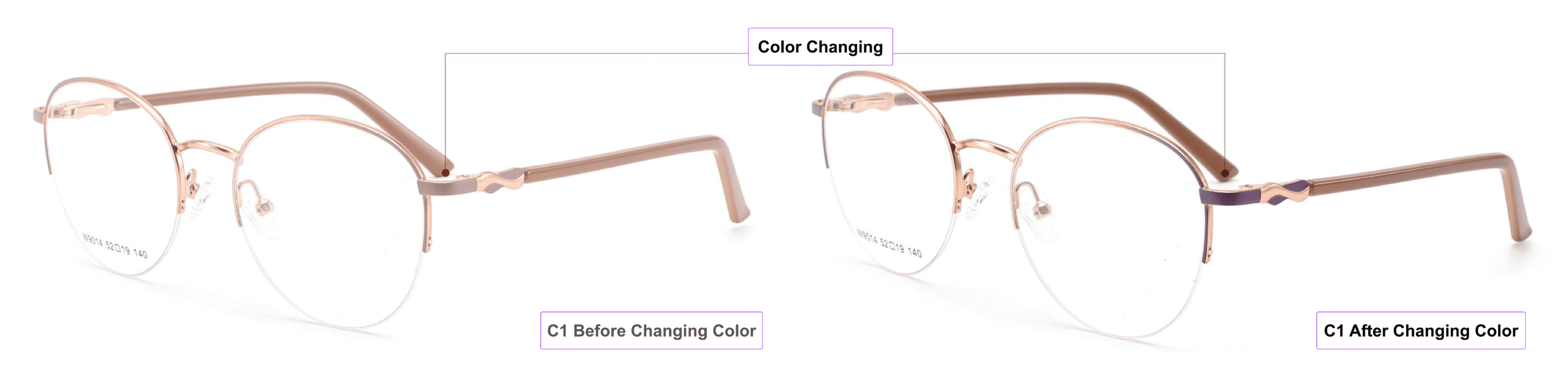 UV-activated Color Changing Glasses Frames, brown, purple, gold, process of color changing