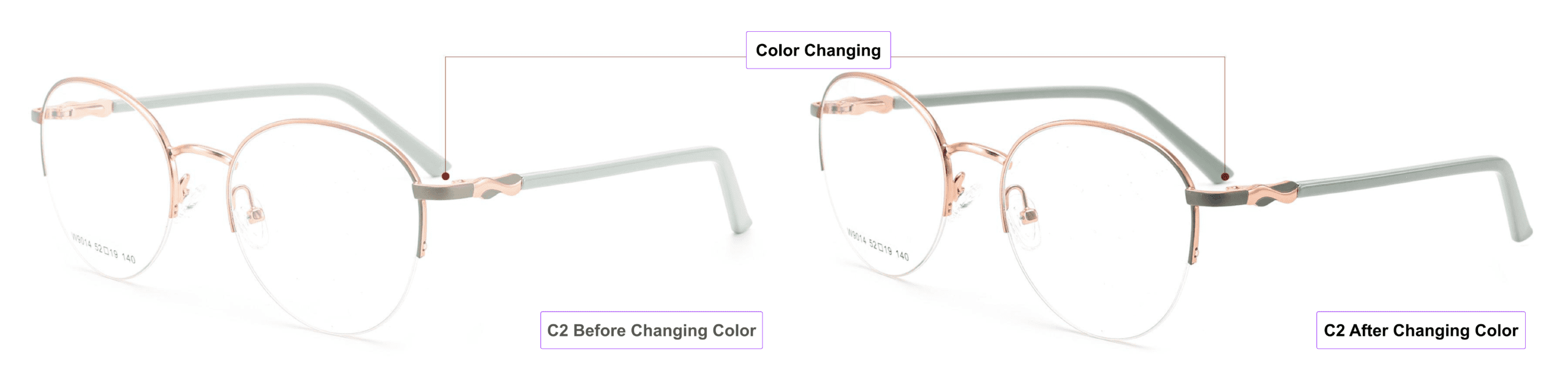 UV-activated Color Changing Glasses Frames, mist blue, gold, process of color changing