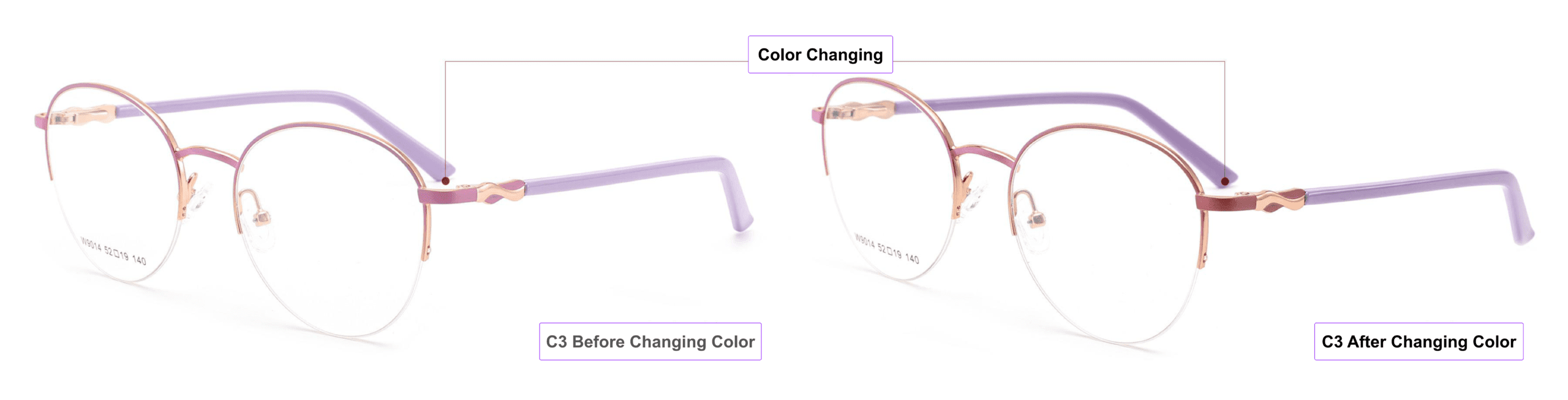 UV-activated Color Changing Glasses Frames, petal pink,mist violet, indian red, process of color changing