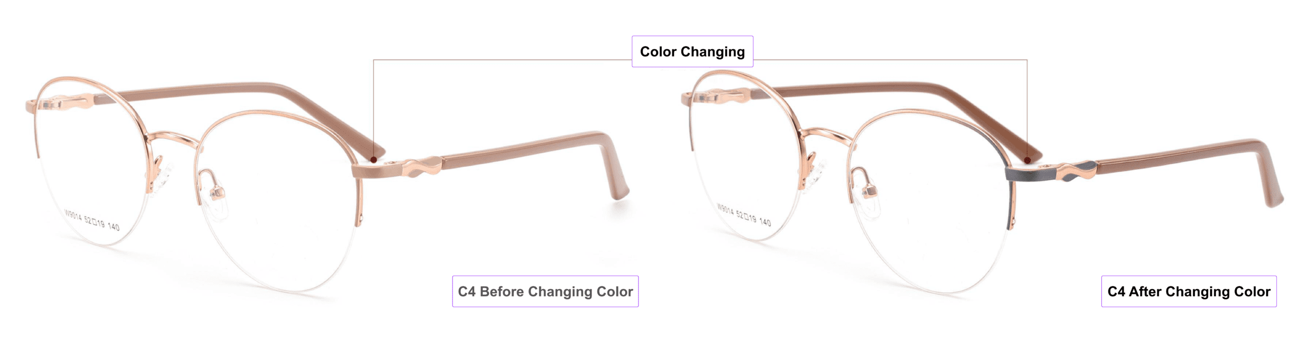 UV-activated Color Changing Glasses Frames, grey, brown, pink gold, process of color changing