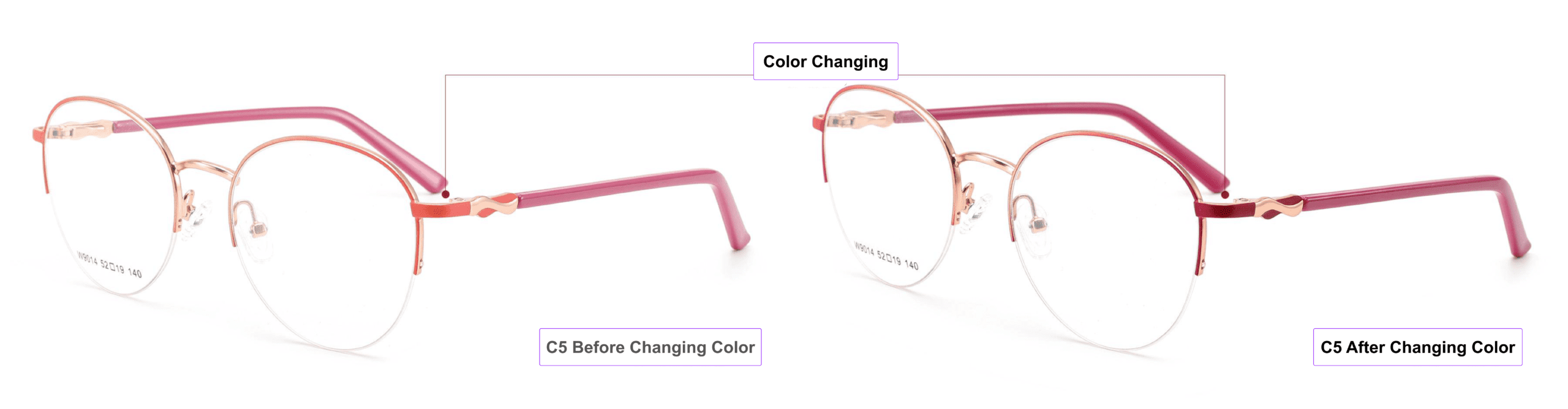 UV-activated Color Changing Glasses Frames, orange, pink gold, bright red, burgundy, process of color changing