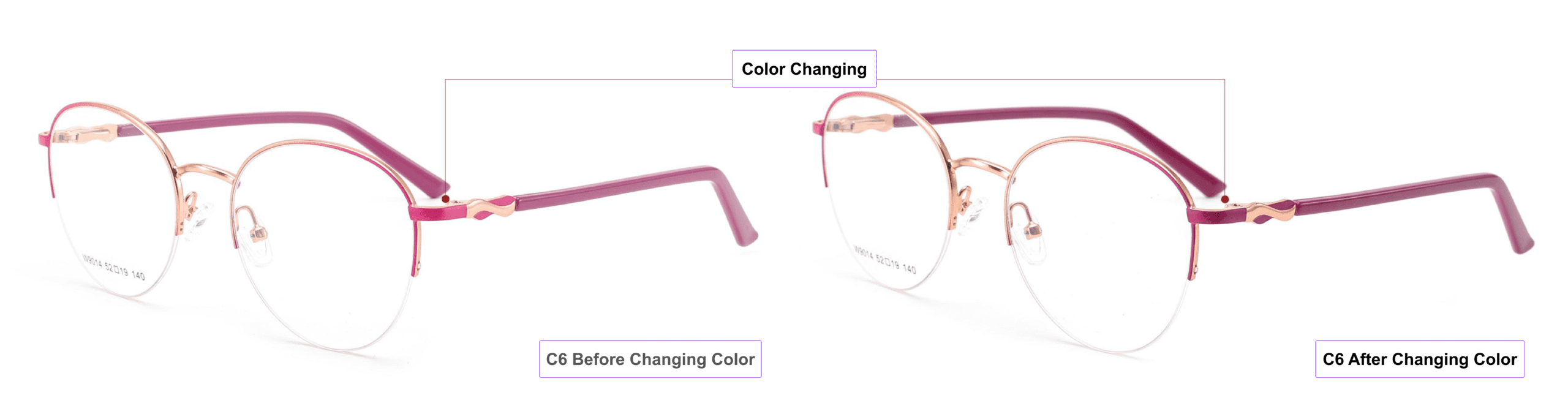 UV-activated Color Changing Glasses Frames, burgundy, rose gold, pink, process of color changing