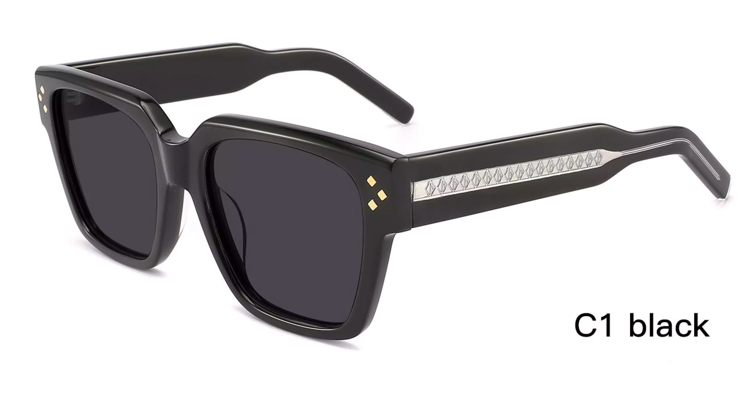 Wholesale Sunglasses Suppliers, Black, rivets, UV protection sunglasses, laser engraved wire cores, acetate sunglasses