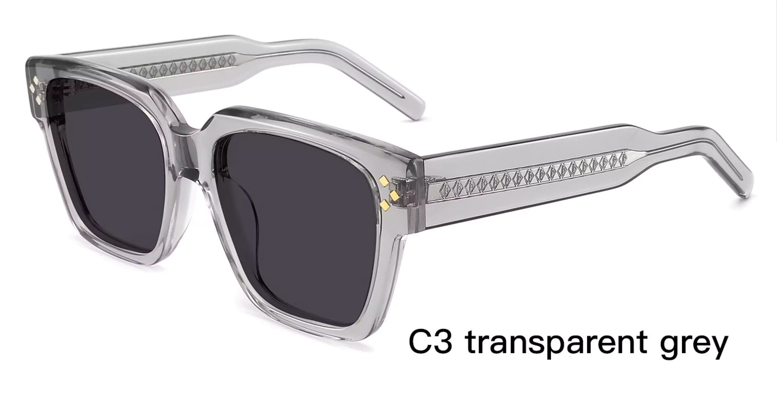 Wholesale Sunglasses Suppliers, Transparent Grey, rivets, laser engraved wire cores, acetate sunglasses,square sunglasses,UV protection sunglasses