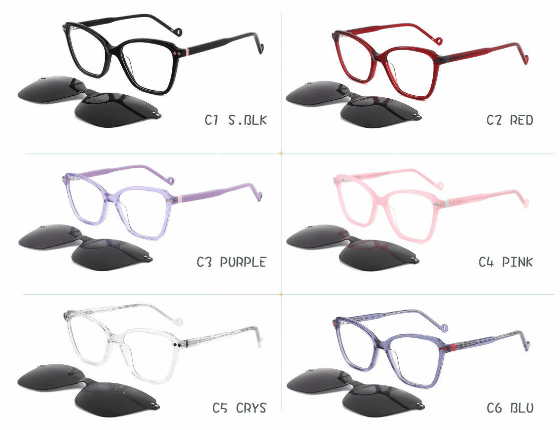 glasses set, clip-on, 6 pairs of glasses sets, black, red, purple, pink, transparent, blue, clip on lens
