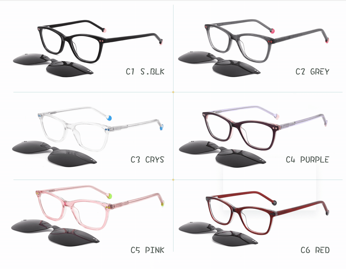 clip-on sunglasses display, balck, grey, clear, purple, pink, red,magnetic sunglasses