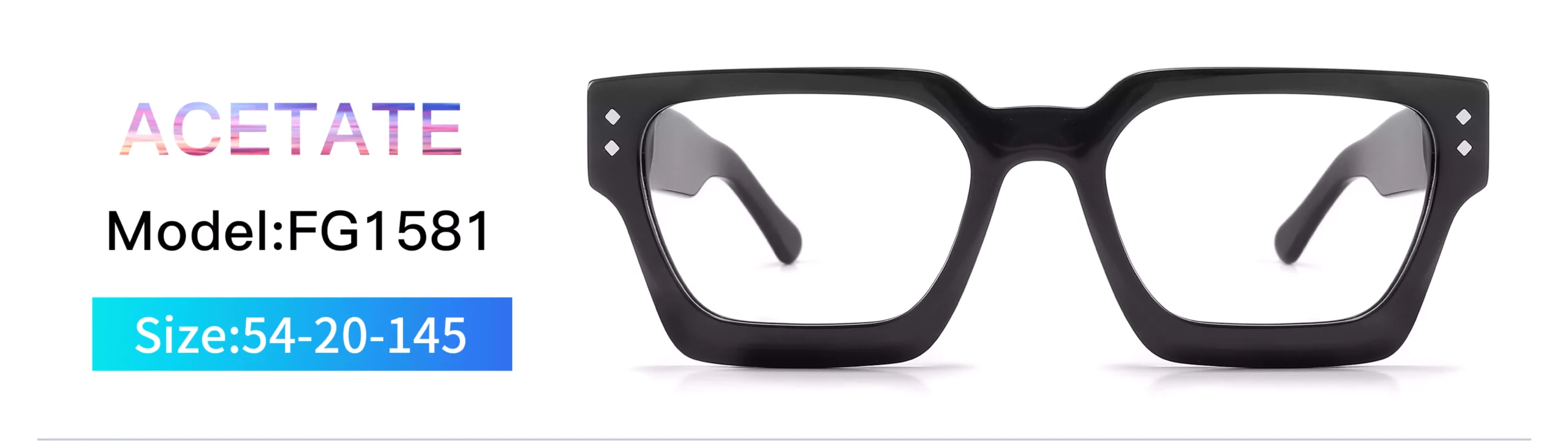 Glasses Frame FG1581, Size, Model, Front Display, Black Square, Diamond Rivets