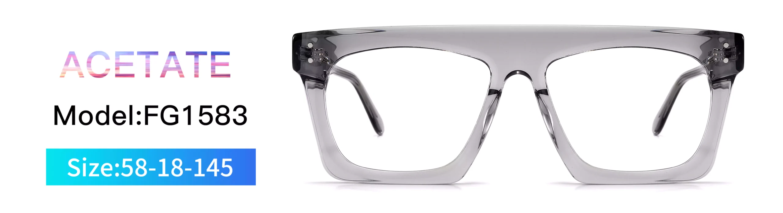 Glasses Frame FG1583, Acetate, Model, Size, Front Display, Square, Transparent Grey