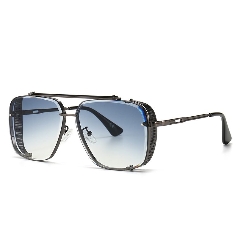 double bridge sunglasses, gun blue gradient lens, black frame, silicone pad, made in China, factory wholesale